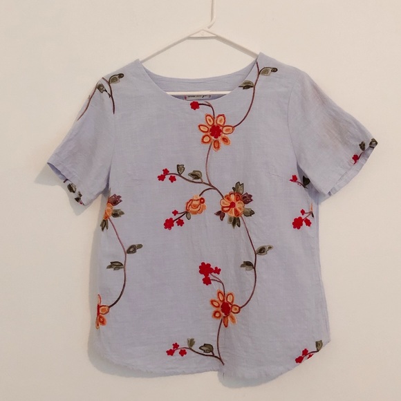 Cute embroidered flowers linen tee S TT - Picture 3 of 5